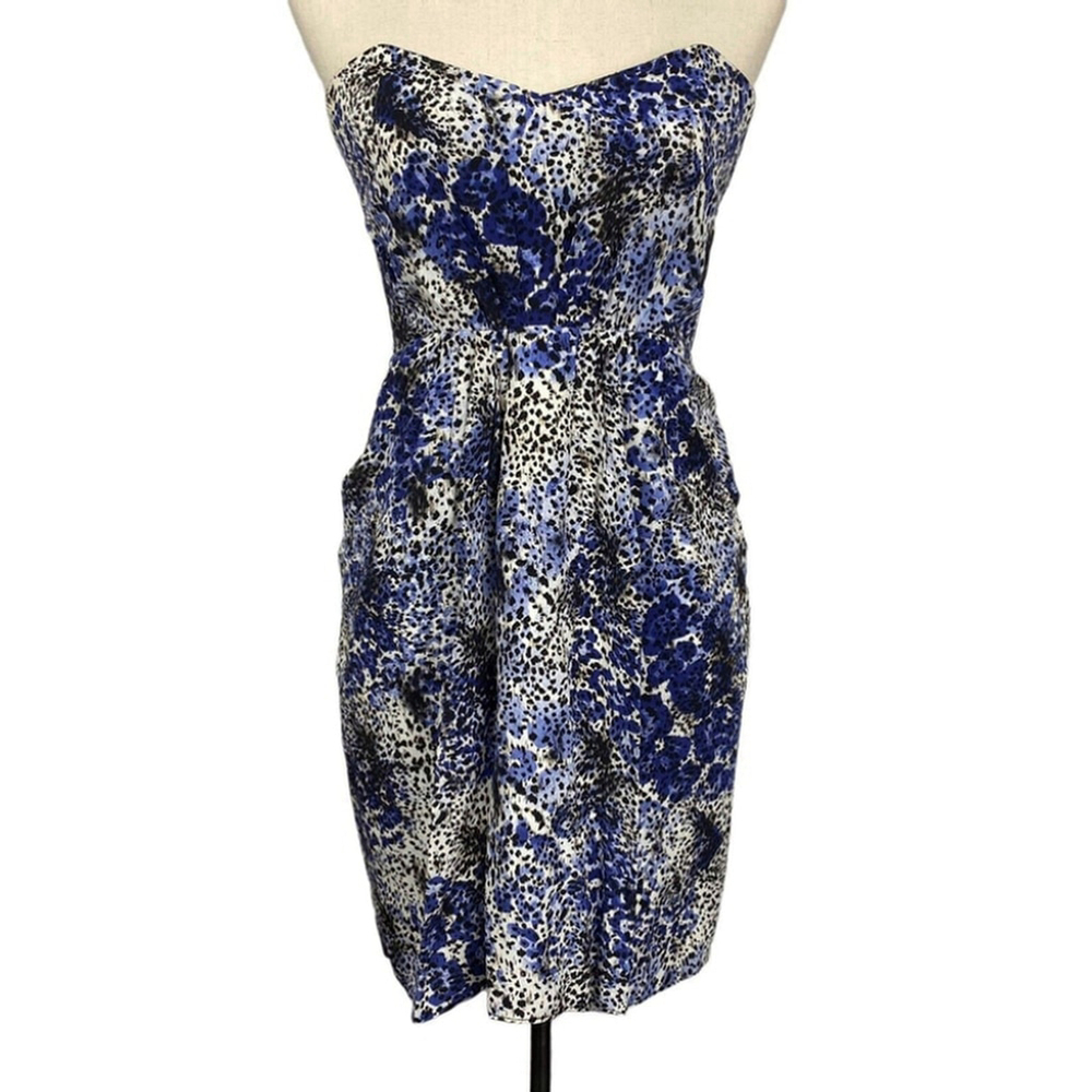 Shoshanna Strapless Cocktail Dress Sz 2 Blue White Floral Silk Party Mini Sheath